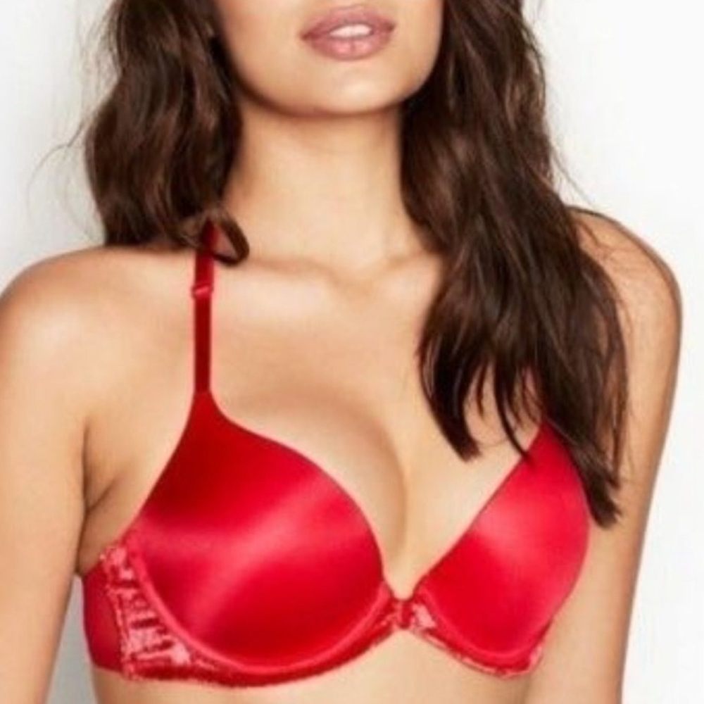Victoria’s Secret Very Sexy Front Close Push Up Bra Red Velvet Trim Racerback